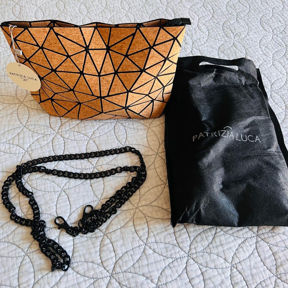 Patrizia Luca Cork Clutch with Black Geometric Design. Slanted triangle NWT - Picture 2 of 11